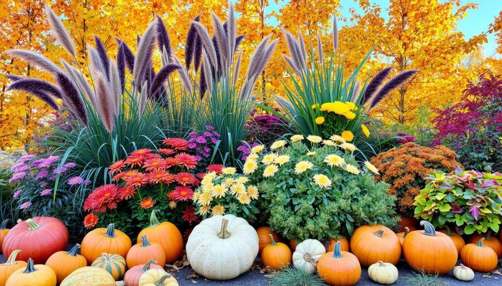 autumn plants and pumpkins