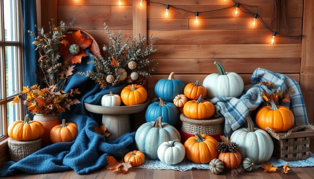 blue and orange fall decor